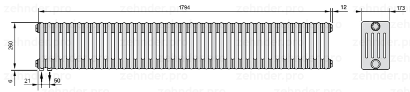 Схема (чертеж) Радиатор Zehnder Charleston 5026/39 №3370 Белый глянцевый RAL 9016
